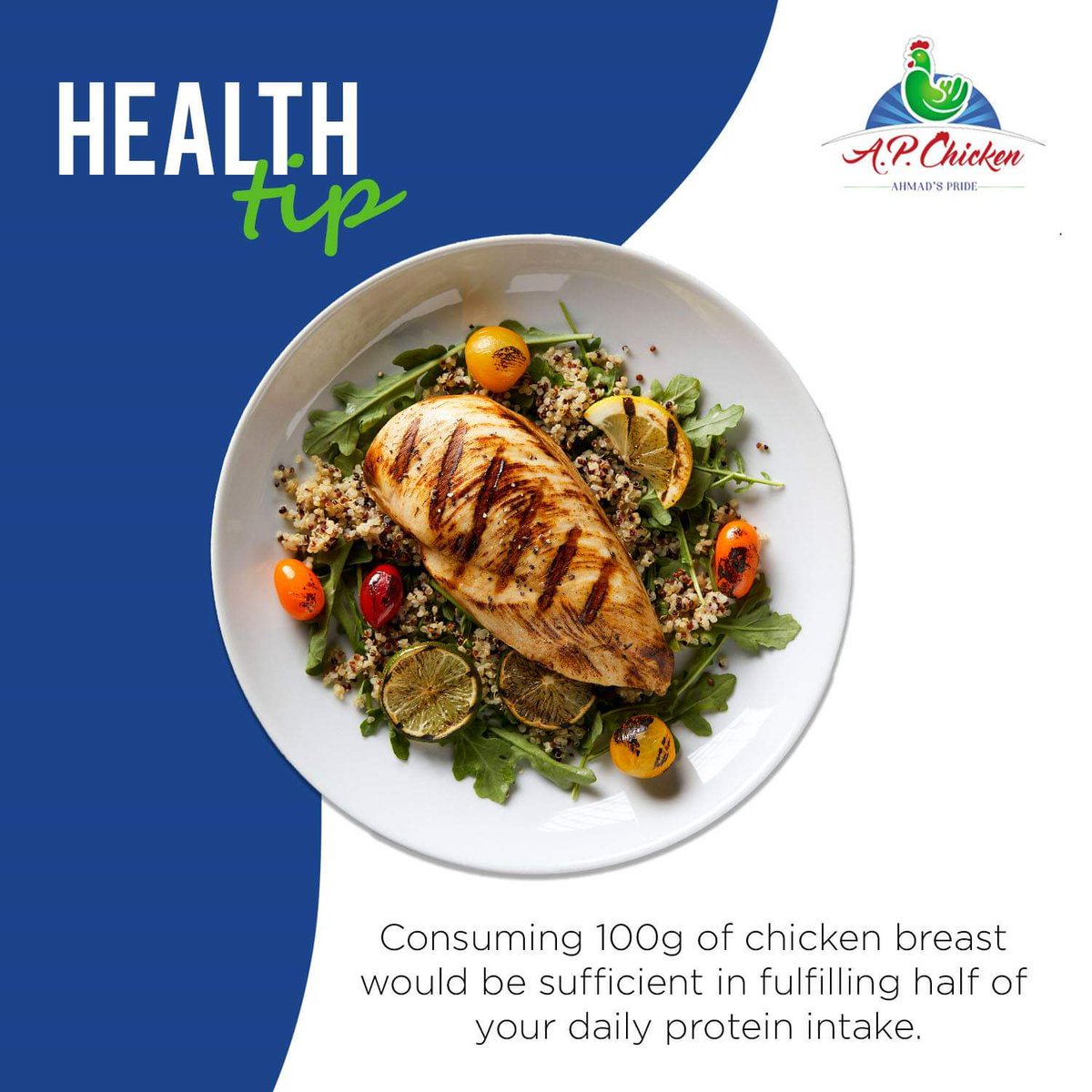 ap_chicken's tweet photo. HEALTH TIP
Consuming 100 grams of Chicken breast would be sufficient in fulfilling half of your daily Protein intake.
#APChicken #AP #FreshChicken #EasynQuick #Natural #FrozenChicken #Healthy #HalalApchicken #Unique #Storage #FrozenFood #Pakistan #HealthTip https://t.co/B217BR78dI