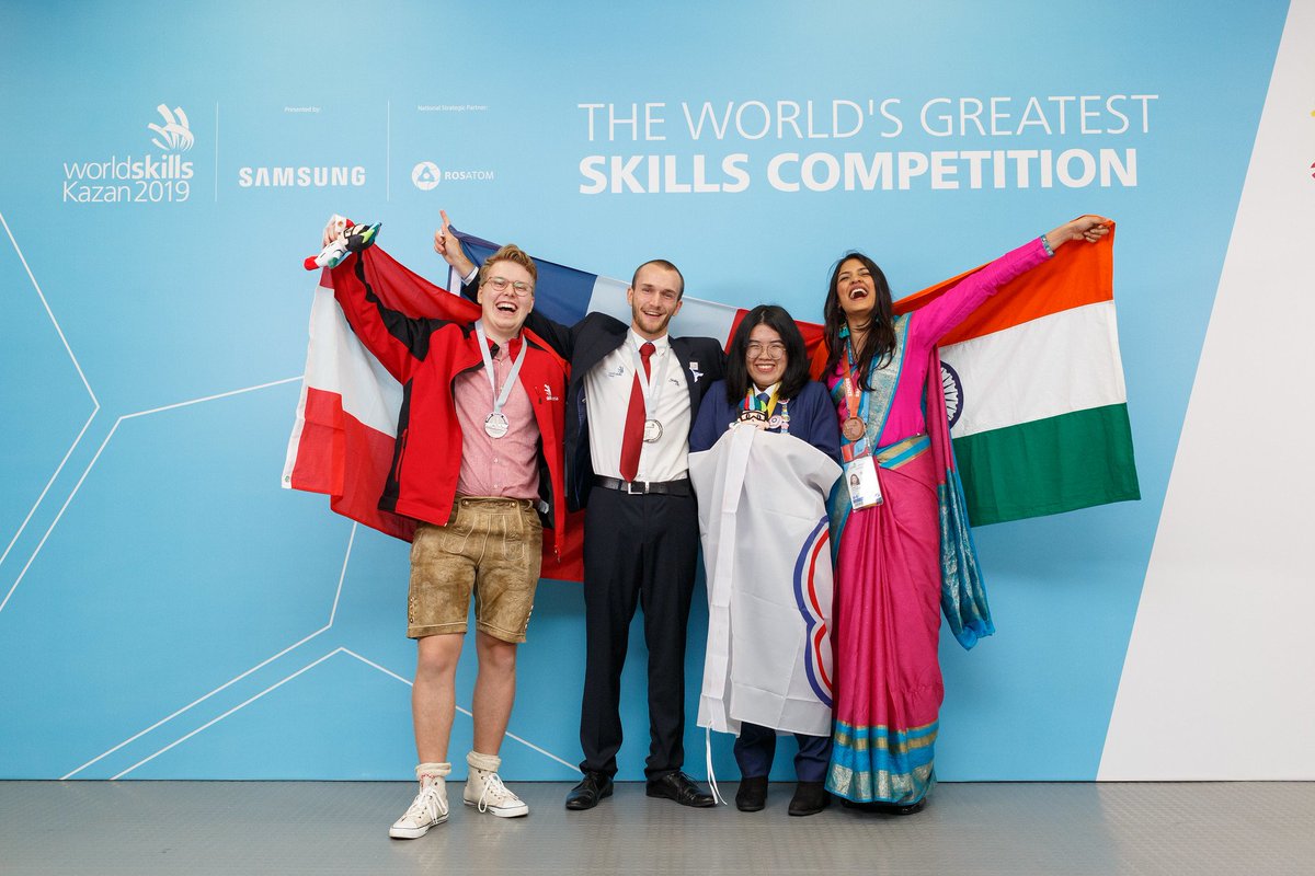NSDCIndia's tweet photo. A journey which started in March 2018, has culminated in this historic performance by Team India at the Olympics of Skills aka @WorldSkillsKZN 2019 in Russia. It's a matter of great pride to finish 13 among the 63 countries who participated at the event. #IndiaWinsAtKazan https://t.co/25M1o023Ju