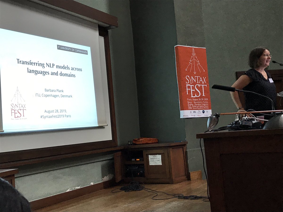 zehavoc's tweet image. Day 3, folks, Barbara Plank on stage to talk about Transferring NLP models across Languages and domains #SyntaxFest2019