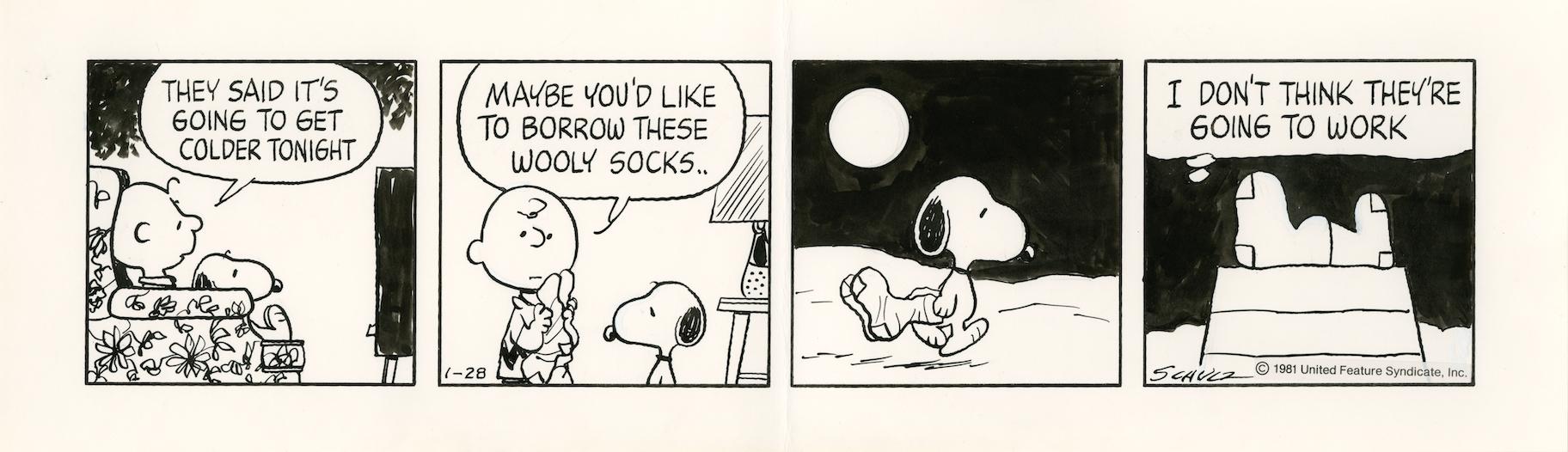 Snoopy Museum Tokyo 巡回展 展示作品のご紹介 ピーナッツ 内の友情といえば なんといってもスヌーピーとチャーリー ブラウン 夜は寒いから とチャーリー ブラウンのやさしさで渡したくつしたでしたが 最後の一コマはスヌーピーミュージアム
