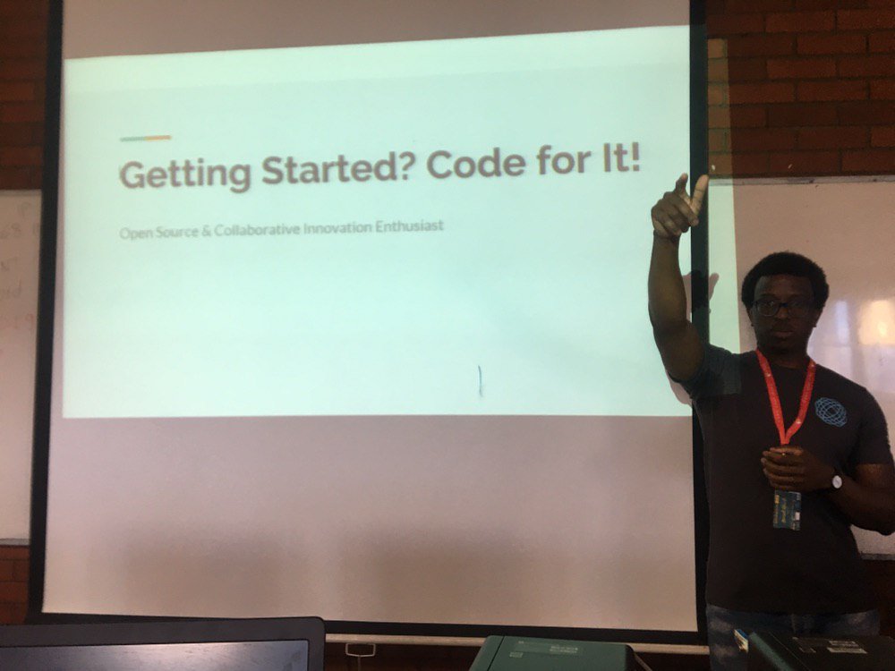 PythonNamibia's tweet photo. Our final keynote speaker Heinrich Aluvilu giving his talk "Getting started?, Code for it ,go for it. #PythonWeekOfCode2019 https://t.co/GgdbPwBfS5