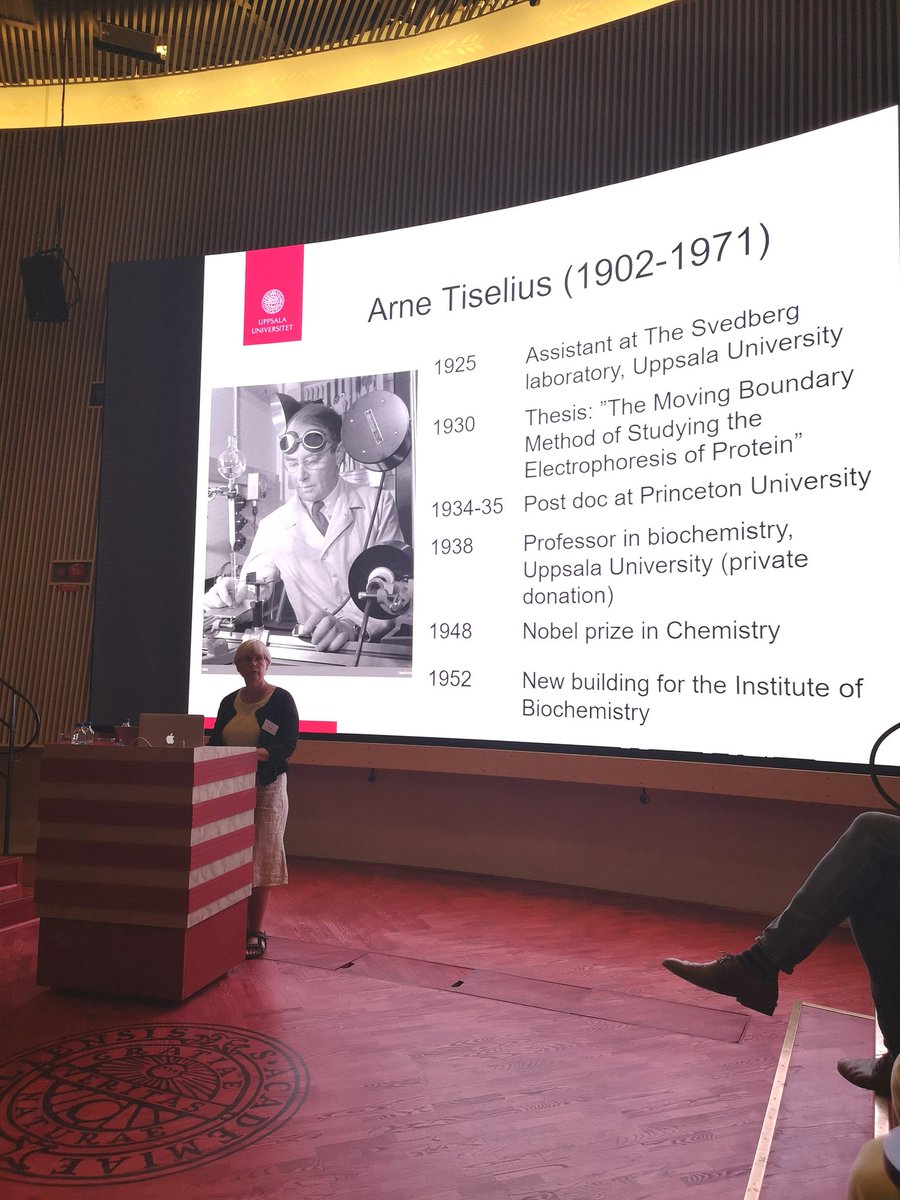 kamerlinlab's tweet photo. Key milestones in Arne Tiselius' career presented by Anna Tunlid at #Tiselius2019 Nobel Laureate and first professor of Biochemistry at @uppsalauni @UUBiochem https://t.co/30v7AL7jGI