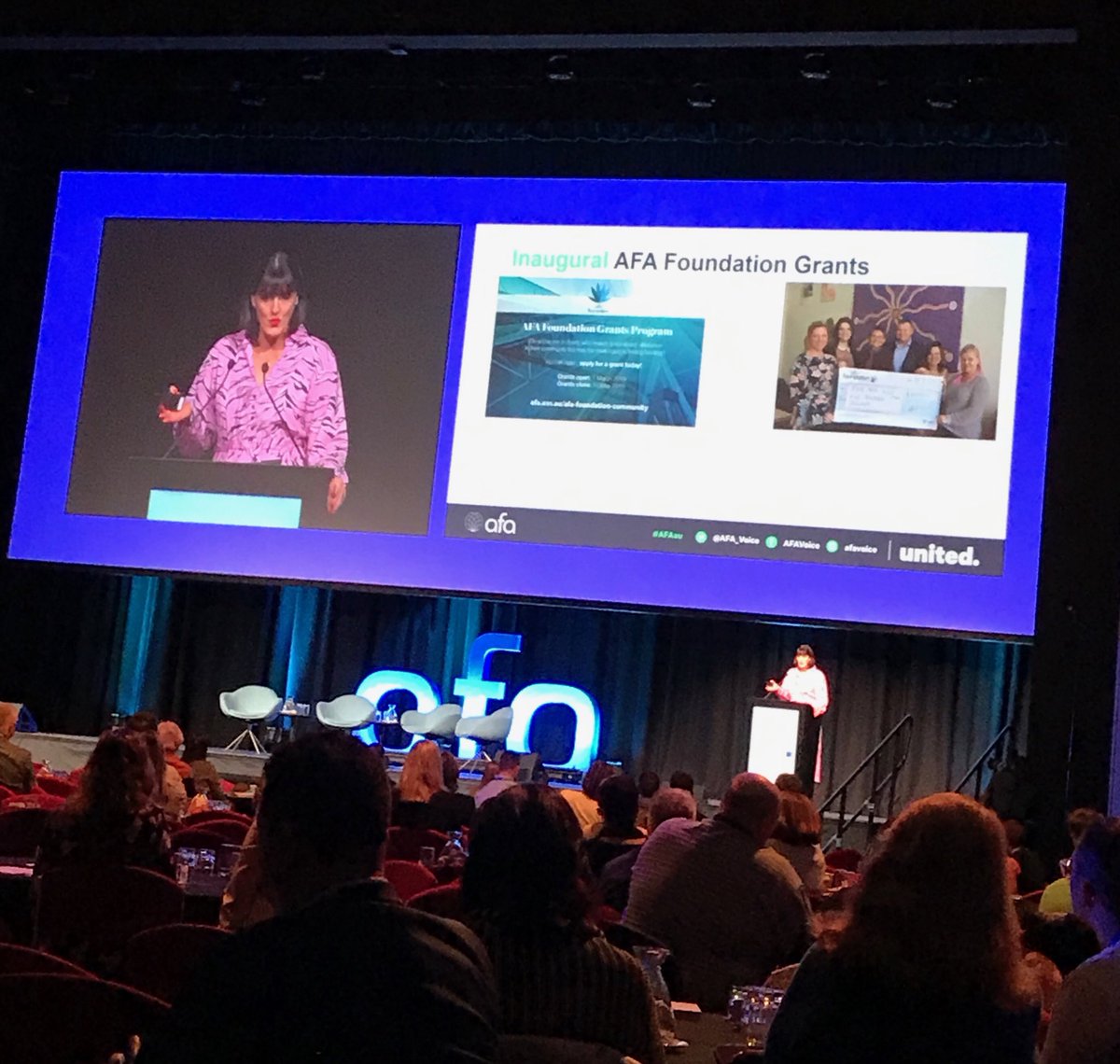 DiannaGoss's tweet photo. AFA Foundation Chair ⁦@OliviaSLL⁩ sharing incredible stories of the donations to worthwhile charities around Australia and how donations really can change lives! Don’t forget to visit the Foundation Stand - let’s make it to $2 million! 👏🏻👏🏻👏🏻 #AFAau #united #AFAConf19 https://t.co/YjbL9CmFpI