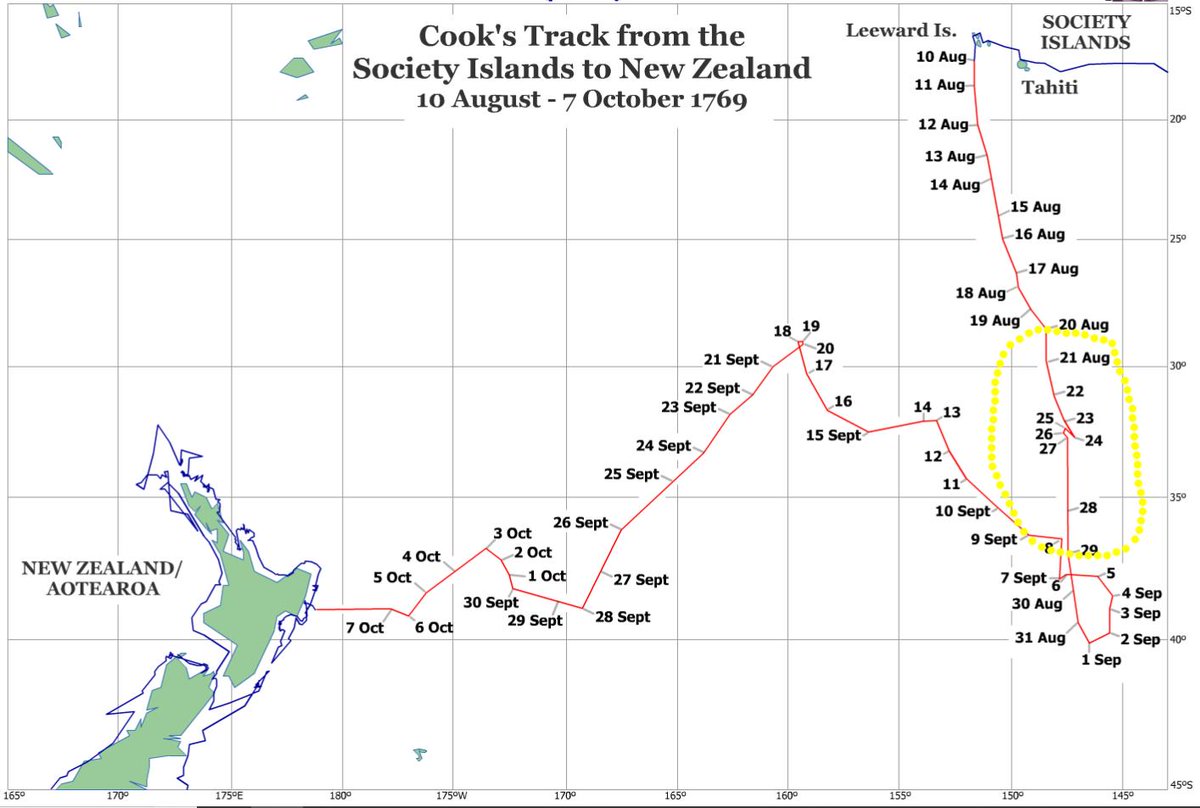 We're still tracking south btw, searching for the 'continent', as Cook has been instructed to do -- that's east of NZud (which we know from Tasman, 1642), and south of Tahiti, Tonga, Fiji (also know, from Tasman and others).