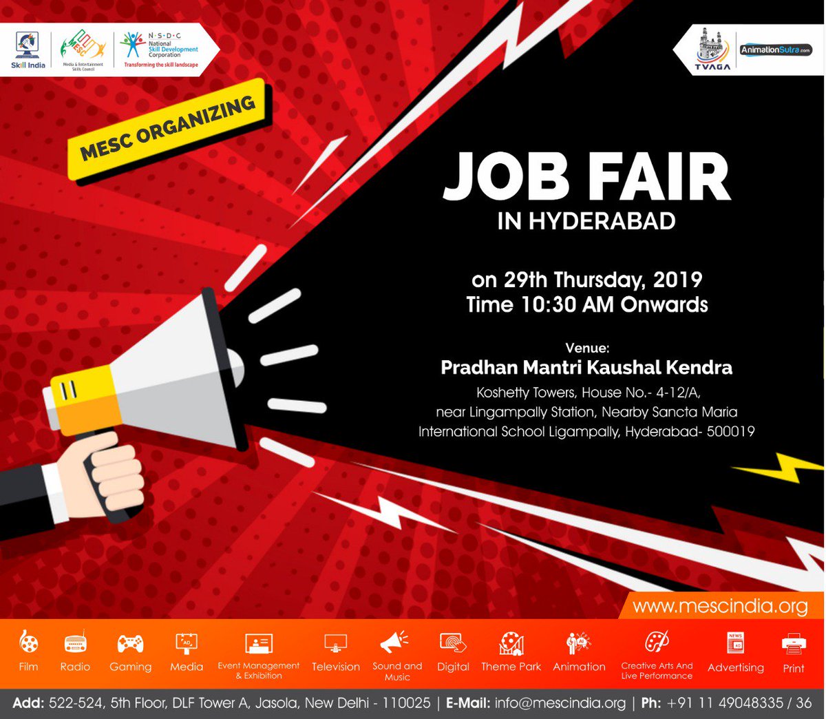 @mesc_india in association with @animationsutra is organising a #JobFair on the 29th of August in #Hyderabad for all hopeful eager to join a reputed company of the country. 

#Media #Entertainment #SkillingIndia #SkillingNation #SSC