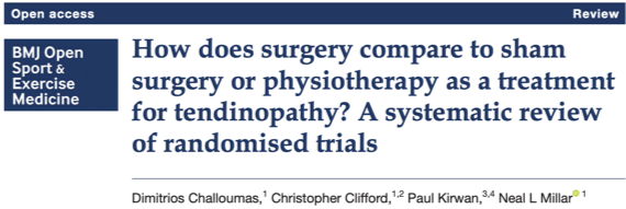 BMJOpenSEM's tweet photo. Surgery is NOT superior to sham surgery in tendinopathy patients in the mid-/long-term. Confirmed on Systematic Review
@TendonGlasgow
#tendons #tendinopathy #shamsurgery #placebo
https://t.co/q2Mbo2FGAH https://t.co/0q1P0KtY0x