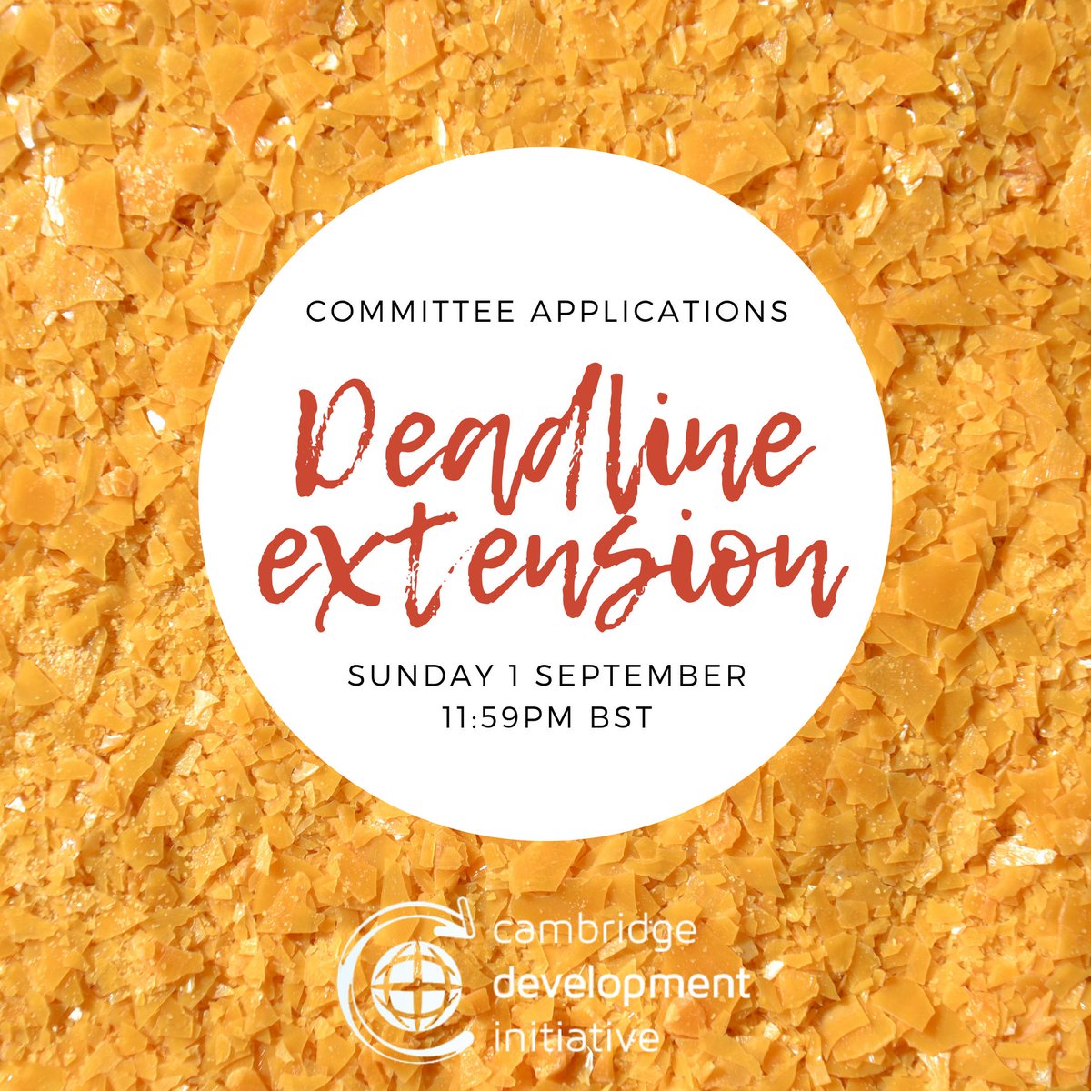 The deadline for committee applications has been extended!

New deadline: Sunday 1 September 2019, 11:59PM BST
Apply here: tinyurl.com/applyCDI
More information: tinyurl.com/cdirecruitment…
Email: info@cambridgedevelopment.org