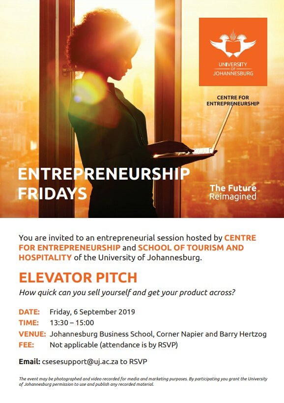 JBS_CE's tweet photo. Dear Entrepreneur
 
You are invited to Entrepreneurship Friday hosted by University of Johannesburg Centre for Entrepreneurship and School of Tourism and Hospitality in partnership with Ezabekwa Group.

Topic: Elevator Pitch

Kindly click on link to RSVP: https://t.co/urmOmDovlF https://t.co/ffgx59Hcja