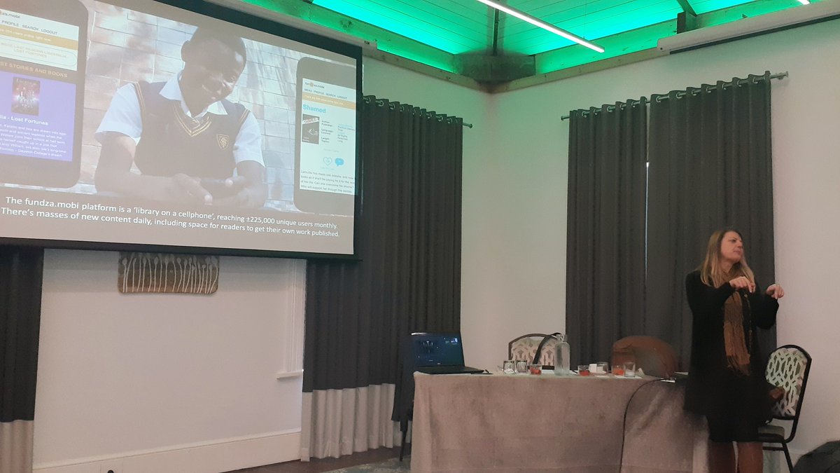 WorldBookDaySA's tweet photo. #LiteracyMatters @mignonhardie talks to attendees #SABooksellers #AGM about @FunDzaClub #Fundza https://t.co/IXXlRpg3Bk