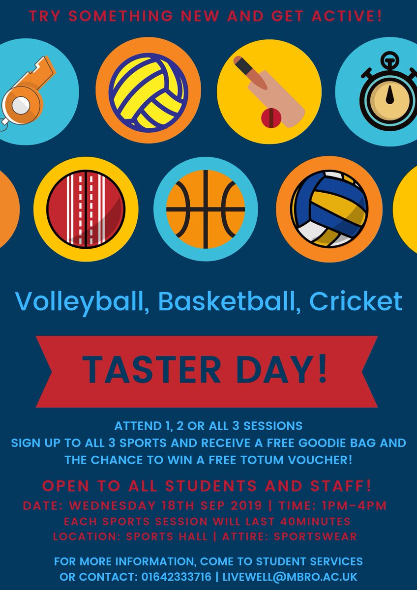 Middlesbrough College's Sports Department are excited to announce a Volleyball, Basketball and Cricket Taster Day on Wednesday 18th September 2019. All Staff and Students welcome!

Please share and come give it a go! @mbrocollege