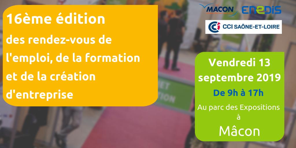 [Recrutement 💼] @enedis_bourg sera présent aux rendez-vous de l'#emploi, de la #formation et de la création d'entreprise ! 
🗓️ Vendredi 13 septembre
🕘 9h à 17h
📍 Parc des Expositions, à #Mâcon <a href="/VilleDeMacon/">Mâcon</a>
<a href="/cci71/">CCI Saône-et-Loire</a>