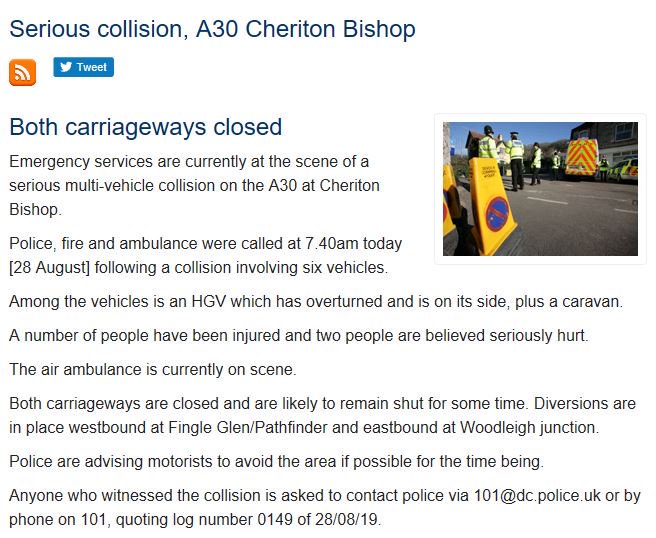 Police say six vehicles have collided on the A30 this morning, including a lorry and a caravan. The road is shut in both directions between Cheriton Bishop and the Pathfinder Village and is likely to stay closed for 'several hours' #HeartNews