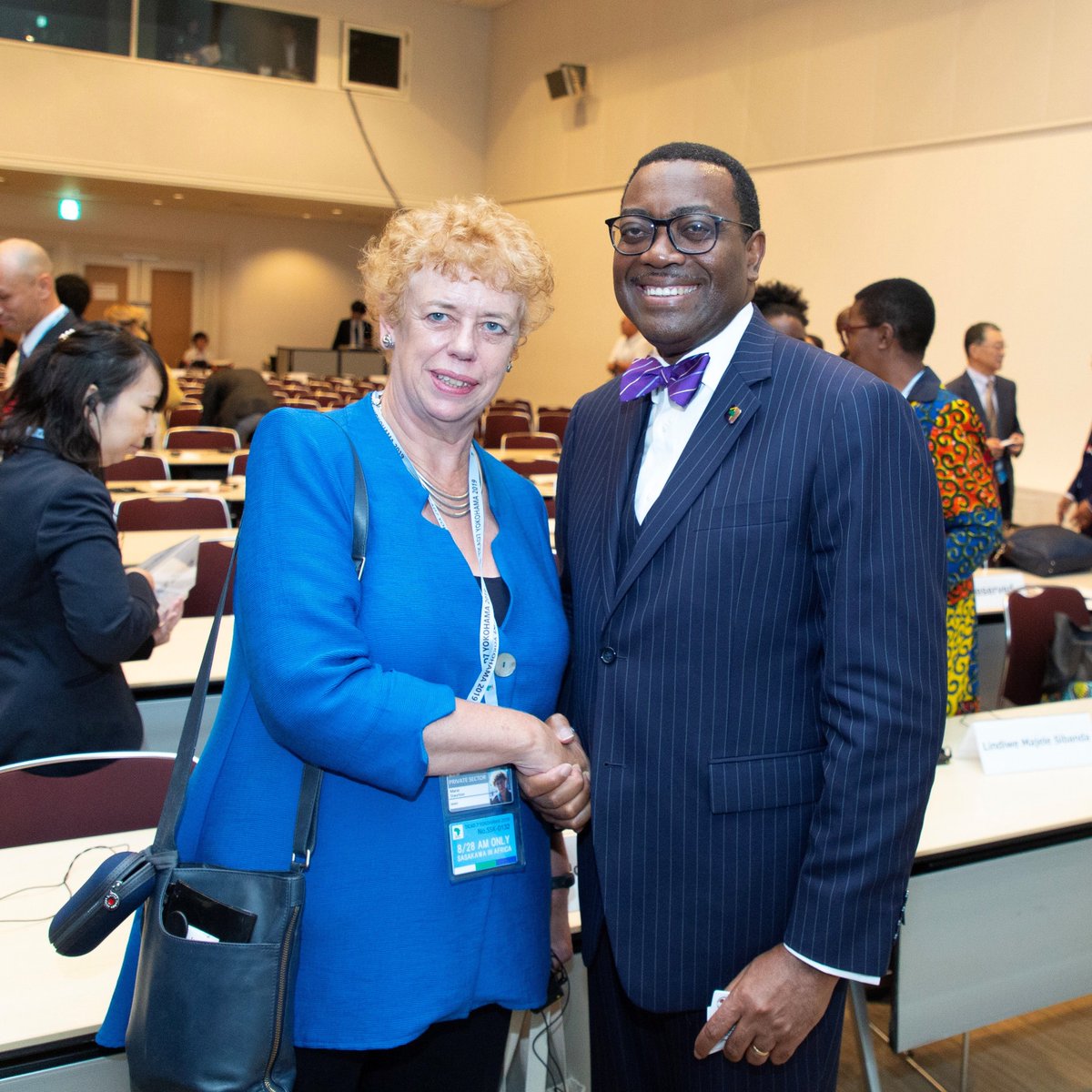 crownagents's tweet photo. We're proud to be at #TICAD7, alongside over 30 African Heads of State. Today, Ei Yamashita, President of @crownagents Japan, attended Japanese Prime Minister, Shinzō Abe's opening speech. Later, our Chair  @mariestaunton caught up with Akinwumi Adesina, President of @AfDB_Group https://t.co/Z4CO3OBl3X