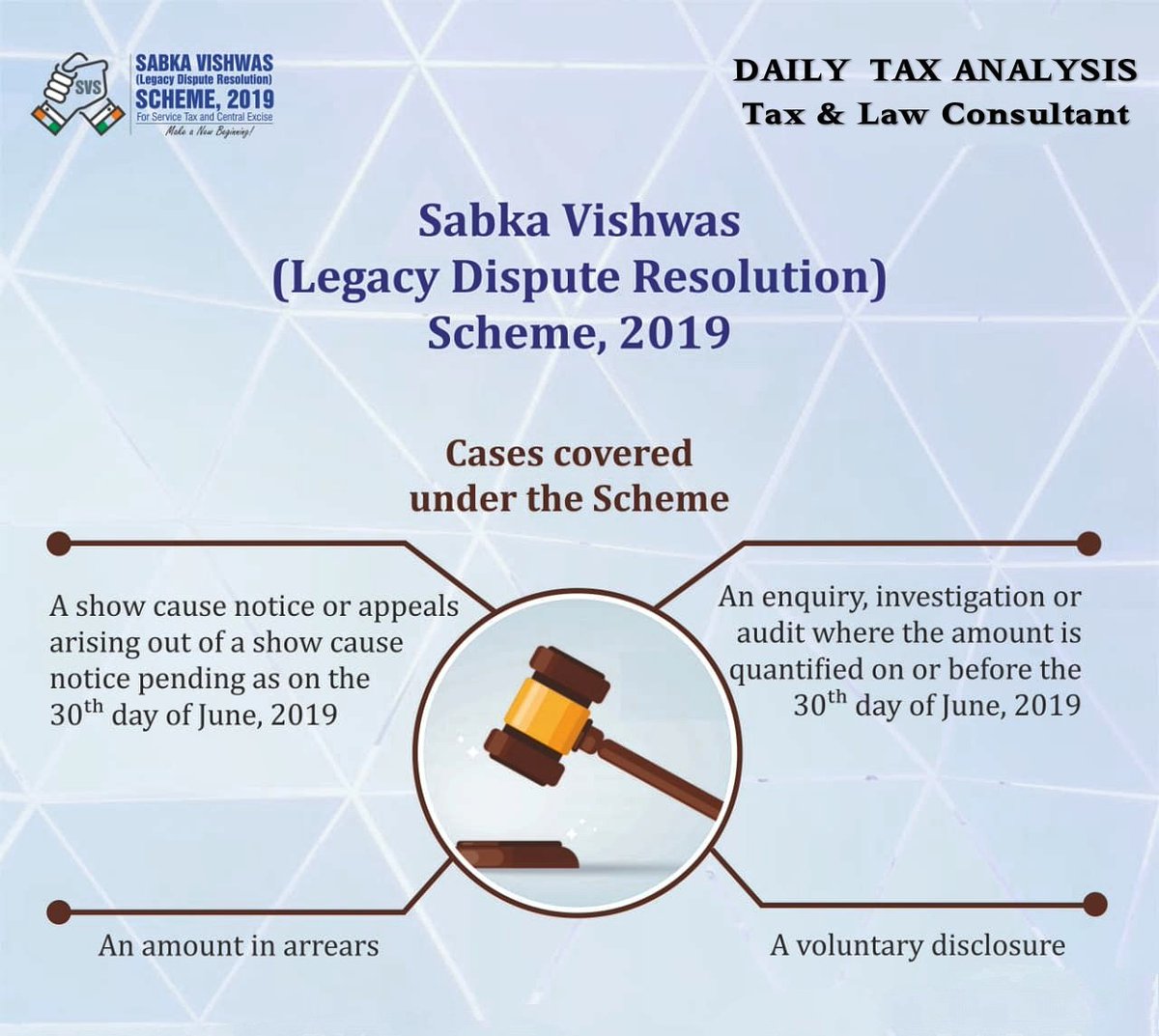 DailyTax's tweet photo. Sabka Vishwas (Legacy Dispute Resolution) Scheme, 2019 for Service Tax and Central Excise will be operationalized from 1st September, 2019. Following cases will be covered under the scheme.
#DTA #CSR #DAILYTAXANALYSIS #SABKAVISHWAS #updatesuperbass #Update #EconomicSlowdown https://t.co/nTu31y81aS