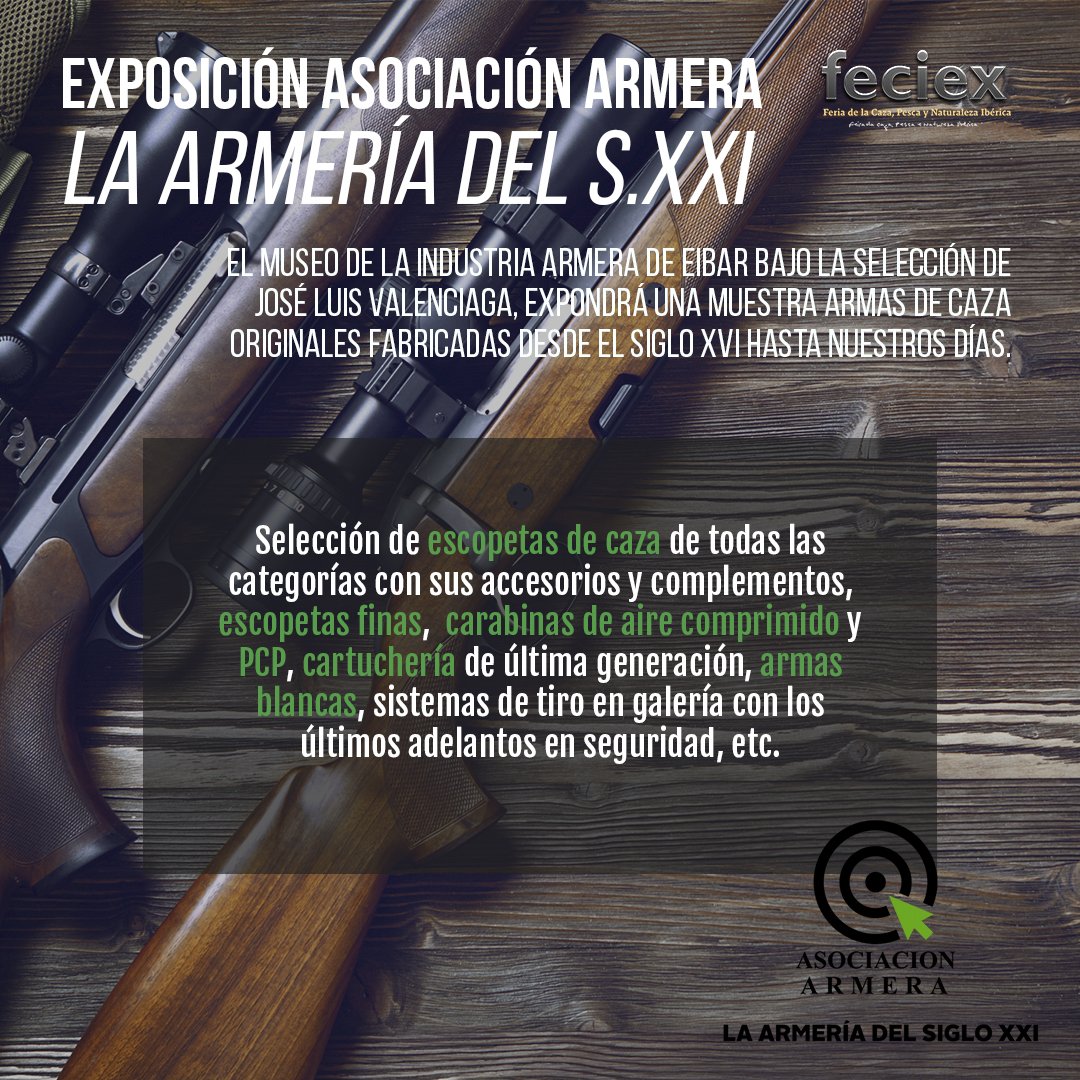 En #FECIEX podremos disfrutar de la Gran Exposición: “ASOCIACION ARMERA. LA ARMERÍA DEL SIGLO XXI” ⚔️ 

Un paseo por la evolución de sus sistemas de disparo a lo largo de la historia. ⏳

¡No te lo puedes perder!  #feciex19 #cazaypesca #feriacazaypesca