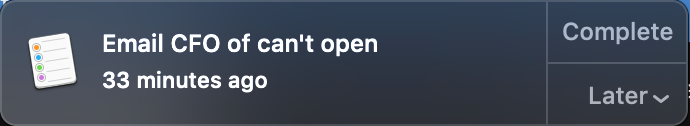 Siri reminder for "Email CFO of can't open."