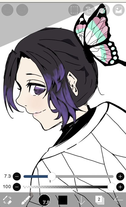 愛咲花🐱さんがTwitterに投稿した胡蝶しのぶ(鬼滅の刃)のイラスト。