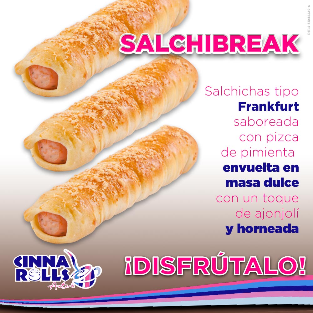 Salchibreak Salchichas tipo Frankfurt saboreadas con
pizca de pimienta envuelta en masa dulce con un toque
de ajonjolí  y llevadas al horno. ¡Pruebala!
<a href="/Cinnarolls/">Cinnarolls Venezuela</a> @cinnarollsoficial