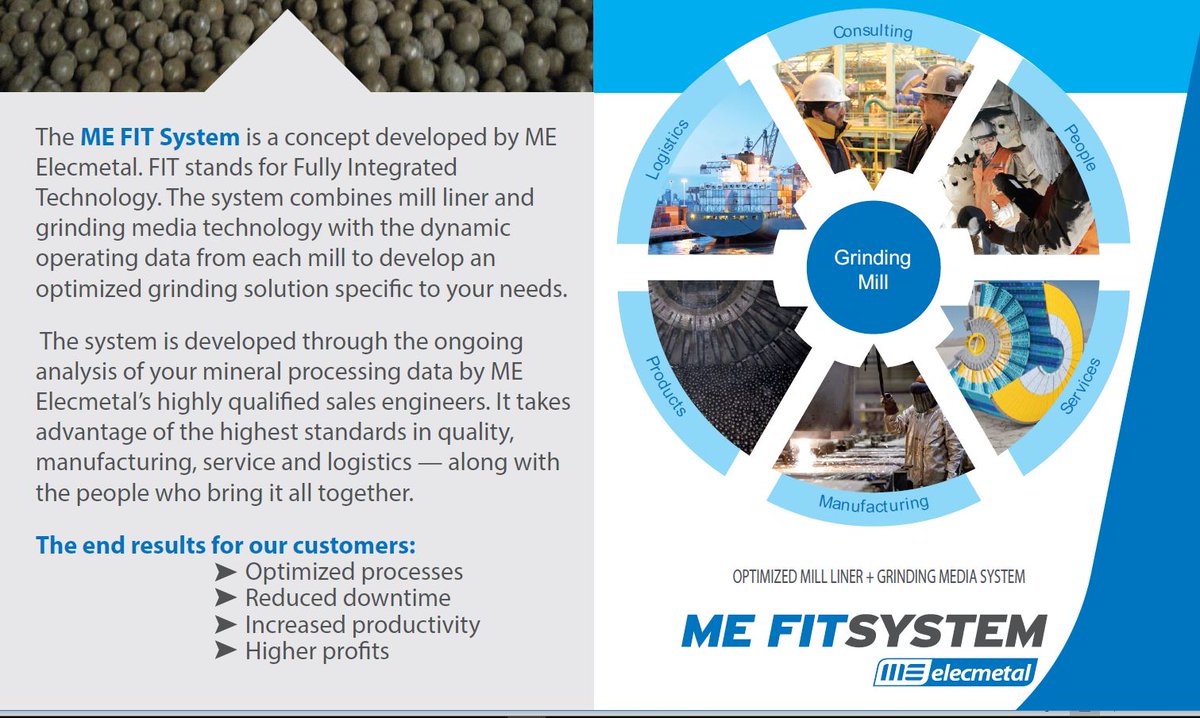 MEElecmetal's tweet photo. The ME FIT System® is a concept developed by ME Elecmetal. FIT stands for Fully Integrated Technology. The system combines mill liner & grinding media technology with the dynamic operating data from each mill to develop an optimized grinding solution.
#MEElecmetal #MEFITSystem https://t.co/holI7EnTXQ