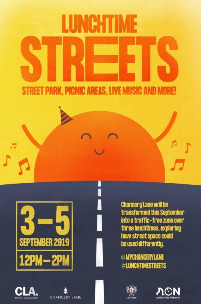 Squarehighways's tweet photo. A few days to go to #LunchtimeStreets on Chancery Lane. Team up with colleagues, explore the food stalls, eat lunch on the parklet and listen to live music Tuesday 3rd Sep to Thurs 5th Sep. @mychancerylane @FarebrotherRE #VisionZeroLDN #HealthyStreets https://t.co/0VYcBqnnGp