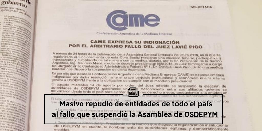 redcame's tweet photo. A través de solicitadas publicadas en Clarín y La Nación, entidades de todo el territorio nacional que conforman nuestra red federal expresaron su absoluto repudio al fallo del Juez Lavié Pico que suspendió la Asamblea de @Osdepym constituyendo un verdadero escándalo jurídico. https://t.co/fvUKw0pPv9