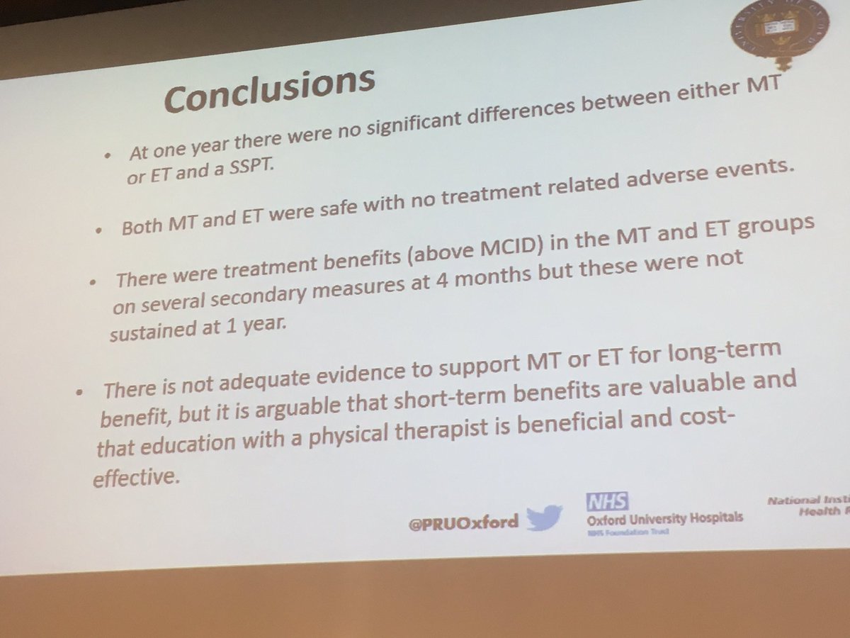 Karen Barker from <a href="/PRUOxford/">PRUOxford</a> presenting results from the excellent PROVE RCT of manual therapy and exercise after vertebral fracture. Both treatments safe with benefits at 4 but not 12 months. Paper out soon in Osteoporosis International #ffncongress2019