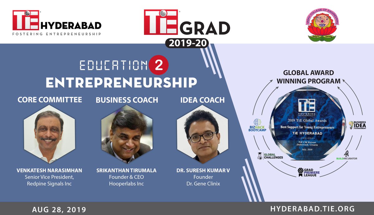 TiEHyderabad's tweet photo. Our Globally recognised program #TiEGrad is happening at  @VasaviCollege of Engineering today for the year 2019-20!!!
Thanks to Core Committee Member #NVenkatesh 
#BizCoach #SrikanthTirumala
#IdeaCoach #DrSureshKumarVunnamatla 
#Education 2 #Entrepreneurship !!! https://t.co/o0wLRmli9U