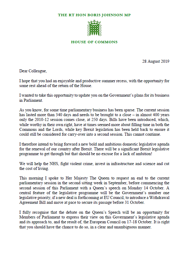 ShehabKhan's tweet photo. NEW: Here is Boris Johnson's letter to MPs about shutting down parliament. https://t.co/RdW9ffDzbY
