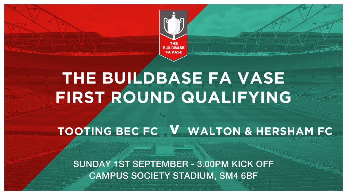 TootingBecFC's tweet photo. We now turn our attention to Sunday, where we host @WaltonHershamFC in the @FA Vase.

📆 Sunday 1st September 2019
📍 Campus Society Stadium, SM4 6BF
🕒 3.00pm KO
🎫 £5 adults, £3 concessions, U16 free

#UpTheBec 
#FAVase https://t.co/WU3yzQYkeU