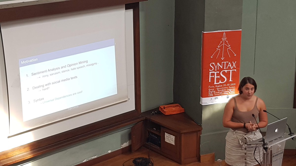 barbara_plank's tweet image. Alessandra Teresa Cignarella presenting TWITTIRÒ-UD, a multi-level annotated Italian Twitter UD corpus for UD parsing *and* irony #SyntaxFest2019 #NLProc syntaxfest.github.io/syntaxfest19/p…