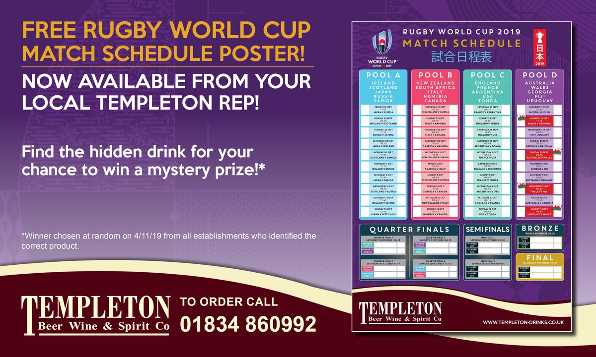 FREE Rugby World Cup match schedule poster, now available from your Templeton Drinks rep.

PLUS - Find the hidden drink for your chance to win a mystery prize!*

*Winner chosen at random on 4/11/19 from all establishments who identified the correct product.