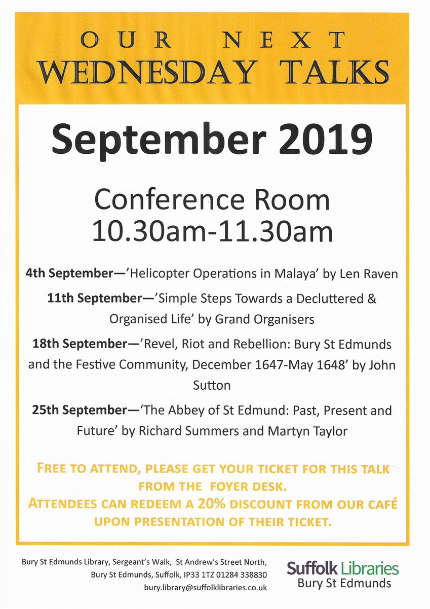 BuryLibSuffolk's tweet image. Here&apos;s our #wednesdaytalks programme for the upcoming month! Join us to learn more about military history, the history of Bury St Edmunds and tips for decluttering and organising