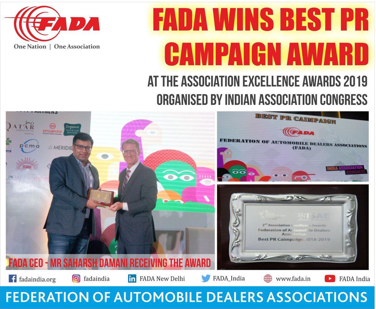 FADA Wins Best PR Campaign Award at the Association Excellence Awards 2019 - organised by Indian Association Congress
#ONOA #AEA19 #IAC #Awards #PRCampaign