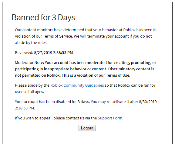 Festivereinhard2 On Twitter I Ve Got A 3 Day Long Ban On Roblox Due To An Old Game I Made Back In 2016 The Game Was New Rhodesia Ot City And Might Ve Been Deleted - how to reactivate roblox account after ban 2020