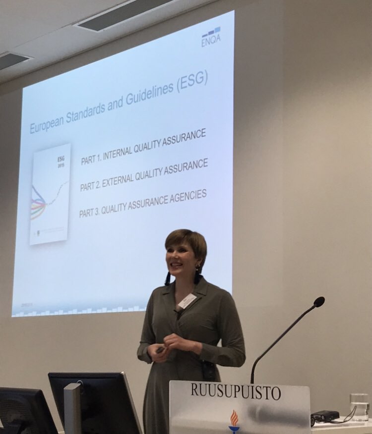 Merja_L's tweet photo. Paula Ranne from @ENQAtwt presenting the European Standards and Guidelines (ESG) for quality assurance. #UDeLTINEL @uniofjyvaskyla #TINEL #accessibility https://t.co/dGd8DRka0i