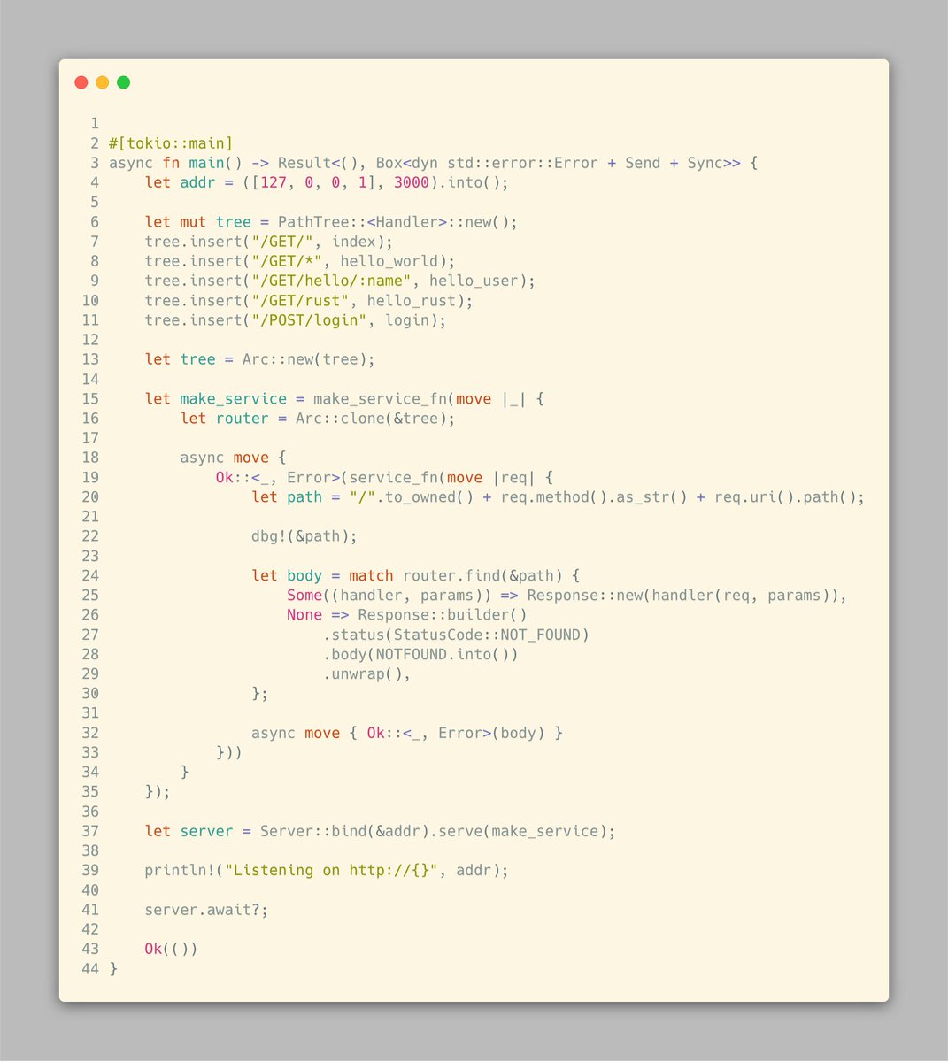 
#[tokio::main]
async fn main() -> Result<(), Box<dyn std::error::Error + Send + Sync>> {
    let addr = ([127, 0, 0, 1], 3000).into();

    let mut tree = PathTree::<Handler>::new();
    tree.insert("/GET/", index);
    tree.insert("/GET/*", hello_world);
    tree.insert("/GET/hello/:name", hello_user);
    tree.insert("/GET/rust", hello_rust);
    tree.insert("/POST/login", login);

    let tree = Arc::new(tree)...