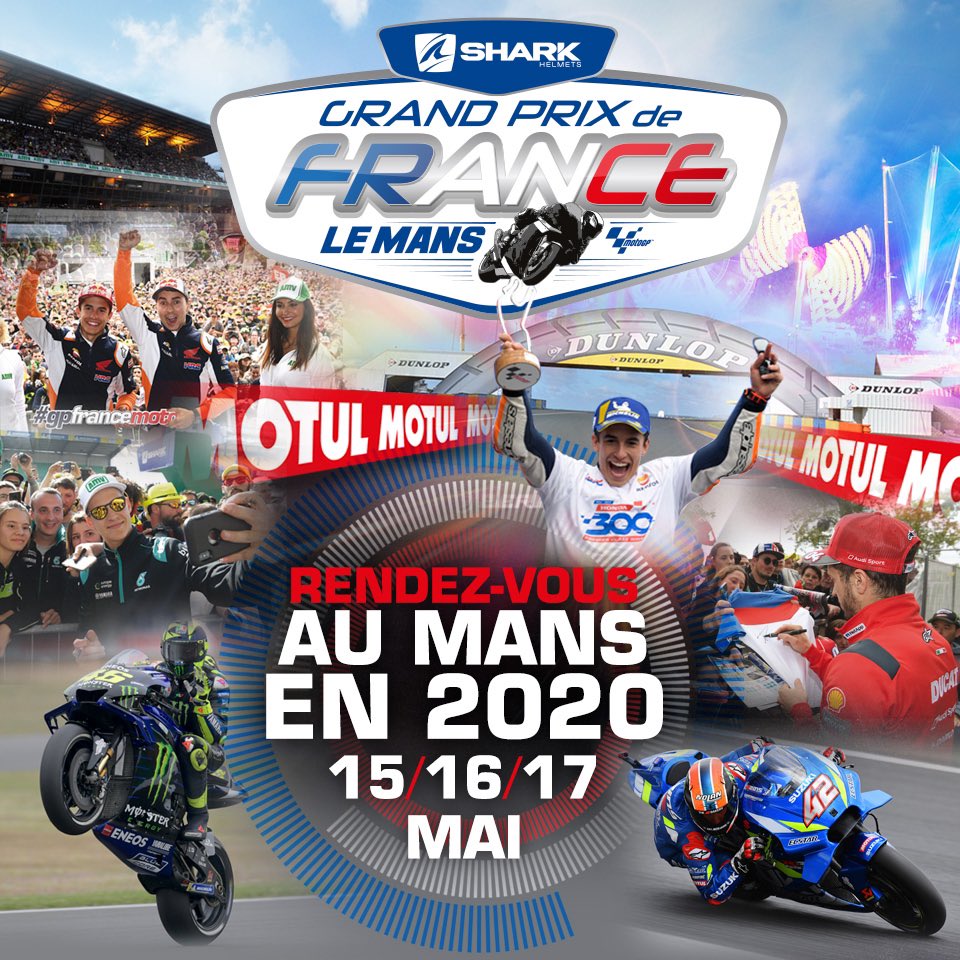 Rendez-vous au Mans les 15, 16 et 17 Mai 2020 #gpfrancemoto #frenchgp #motogp #mai2020 #lemans #circuitbugatti #sharkhelmetsgrandprixdefrance #sharkhelmets #moto #events #motorsport #saison2020