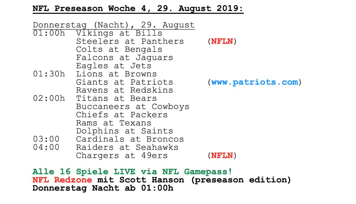 Rene Bugner V Twitter Es Gibt Donnerstag Nacht Eine Nfl Redzone Mit Scotthanson Preseason Edition Alle 16 Spiele Der Woche 4 Sind Donnerstag Nacht Hier Die Ubersicht P7maxx Dazn Ubertragen Kein