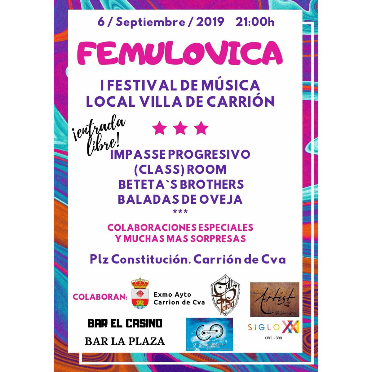ImpasseProgres1's tweet photo. En esta ocasión estaremos en el I Festival de Música FEMULOVICA de Carrión de Cva, además contaremos con la presencia de más artistas y compañeros del mismo modo que queremos contar con vosotros!!.

Os esperamos a tod@s el día 6 de Septiembre en la Plaza de la Constitución😊 https://t.co/3Cnjhu3Jny