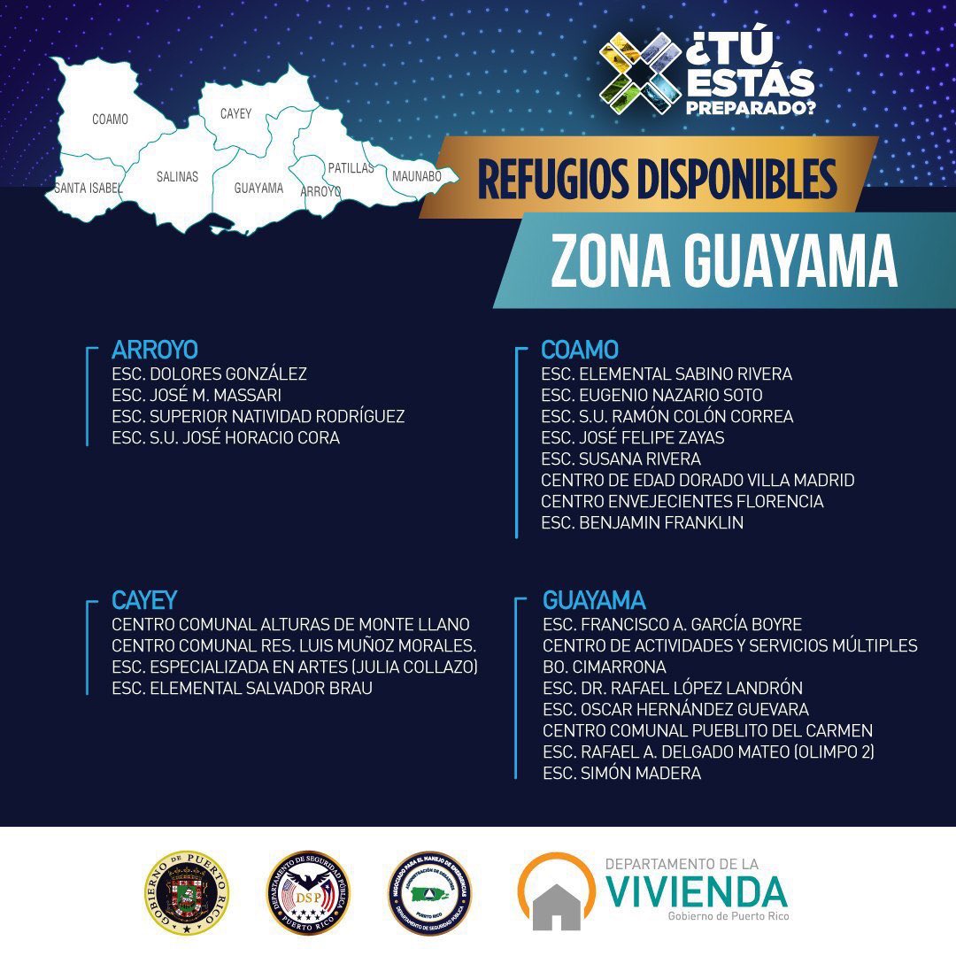 lafortalezadepr's tweet image. 🚨Refugios disponibles en la ZONA GUAYAMA. Municipios: Arroyo, Cayey, Coamo, Guayama. #Dorian