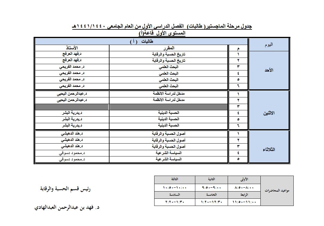 870ams's tweet photo. @dawah2005
جدول الفصل الدراسي الأول لمرحلة الماجستير المستوى الأول والبرنامج التأهيلي لمرحلة الدكتوراه بقسم الحسبة والرقابة https://t.co/onlwvCqHUo