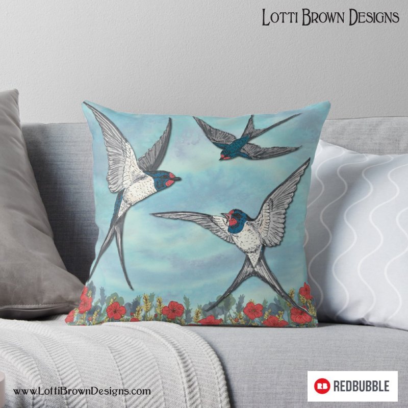lottibdesigns's tweet photo. Comfy and colourful swallows design cushion - find out more on today's blog post at https://t.co/Nb894oSlg0 #swallows #artcushion #findyourthing #Redbubble #artonstuff #Birdart https://t.co/AT0Wo1MhTE