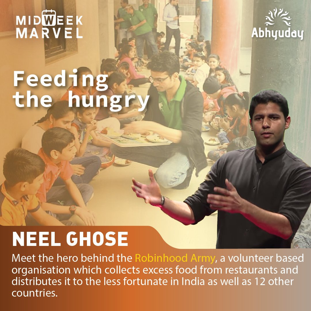 Abhyuday_IITB's tweet photo. This edition of Midweek Marvel, we introduce to you Mr. Neel Ghose, co-founder of #RobinHoodArmy. RHA is a volunteer based organisation working to get food from restaurants to less fortunate sections of society across India and 12 other countries. #FeedingtheHungry #MidweekMarvel https://t.co/Hd4UOH3tF1