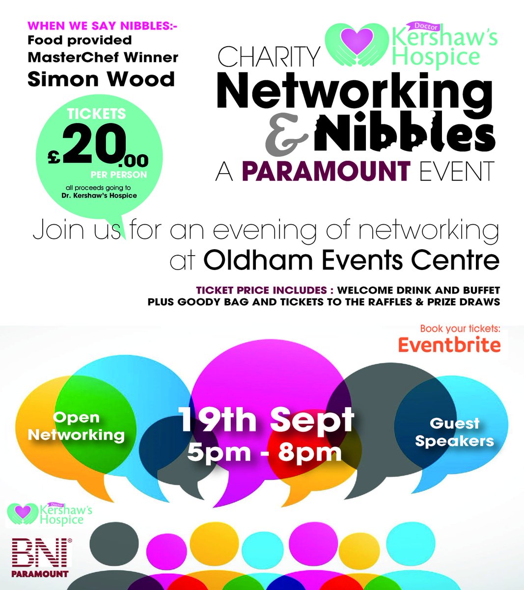 Join us on 19th September 5pm-8pm for a Networking &amp; Nibbles evening, 3 hours of food, drink, raffles, speakers and of course networking, meet local business owners, a fantastic way to support the Dr. Kershaws Hospice Charity and make new business connections... everyone wins...