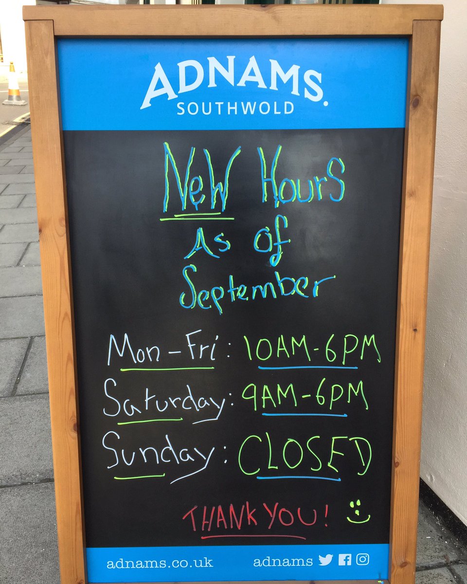 Hello everybody!! 
Just a heads up that from September 1st we have decided to open at 10am from mon - Friday, every other day is same as per usual, 
Kind regards 
your Adnams Holt store