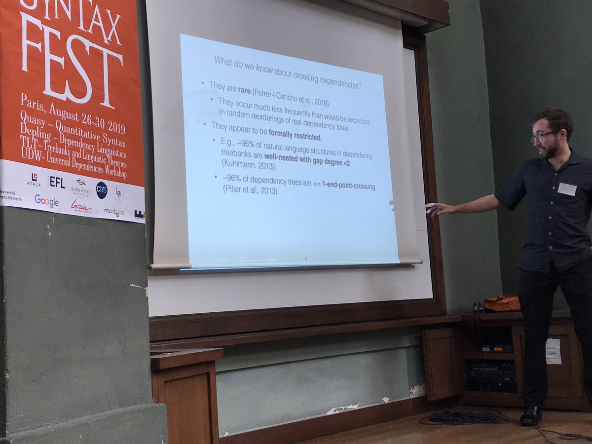 zehavoc's tweet image. Yeah, First #TLT19 talk at the #SyntaxFest2019, talk by Richard Futtrell on Crossing Dependencies
