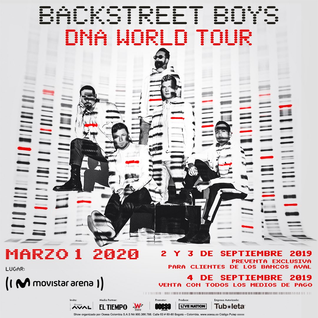 OcesaColombia's tweet photo. ¡ANUNCIO OFICIAL!
Los Backstreet Boys por primera vez en Colombia el 1 de marzo en el Movistar Arena con su DNA World Tour.
Prepara tus tarjetas de los Bancos Aval para la preventa del 2 y el 3 de septiembre y compra con otros medios de pago a partir del 4 de septiembre. https://t.co/AUdKcewaf4