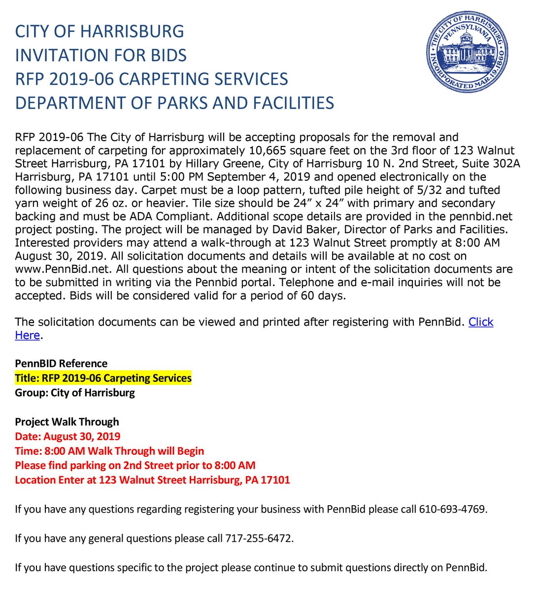 thecityofhbg's tweet image. CITY OF HARRISBURG
INVITATION FOR BIDS
RFP 2019-06 CARPETING SERVICES
DEPARTMENT OF PARKS AND FACILITIES
pennbid.net/benefits/vendo…