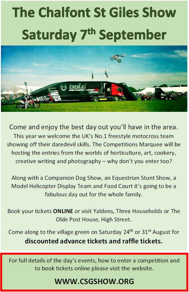 Chalfont St Giles (@stgilesvillage) on Twitter photo On Saturday 7th September come down to the <a href="/CSGShow/">CSG Show 2019</a>!
There's always loads to see and do, and there's still time to enter the competitions!
Full details ⬇️ On Saturday 7th September come down to the <a href="/CSGShow/">CSG Show 2019</a>!
There's always loads to see and do, and there's still time to enter the competitions!
Full details ⬇️