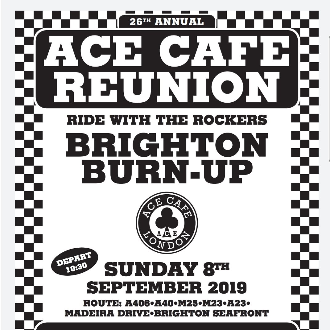 We'll be at the Brighton Burn Up 8th Sept, stand no 36 , near the stage! 
See you there #rockers 
#acecafe 
#Caferacer
